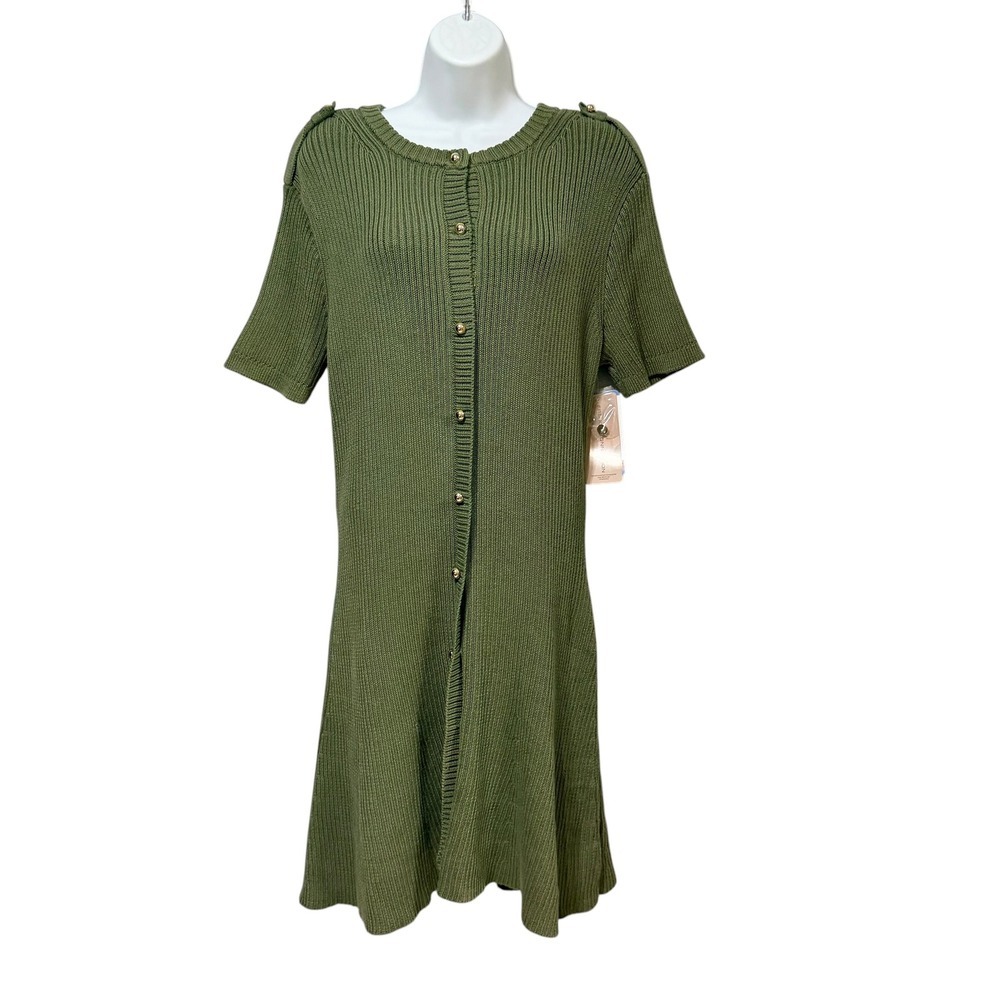 French Connection Olive Green Ribbed Military Sweater Dress Gold Button Mini L - Picture 2 of 8